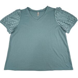 Olrik Blouse 3X Blue Waffle Knit Top Crochet Lace Puff Sleeves Boho Cottagecore